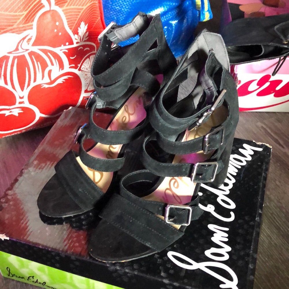 Sam Edelman Strappy Black Suede Heels 6.5